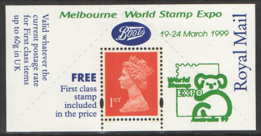 "Melbourne Stamp Expo 1999" overprinted Boots 1st Class Stamp & Label (image for) "Melbourne Stamp Expo 1999" overprinted Boots 1st Class Stamp & Label